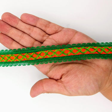 Orange Cotton Fabric Lace Trim with Green Thread Embroidery, Trim By 3 Yards, Craft Decorative Ribbon